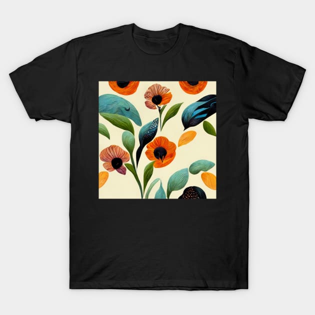 Seamless pattern of summer colored flowers and leaves T-Shirt by Riverside-Moon